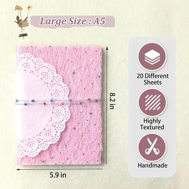 Flartmo 20 Unique A5 Textured Scrapbook Paper & Mesh Fabric Set, Handmade Craft Paper for Scrapbooking, Junk Journal Supplies, Card Making, Decoupage, Collage & Gift Embellishments (Pink) - Image 5